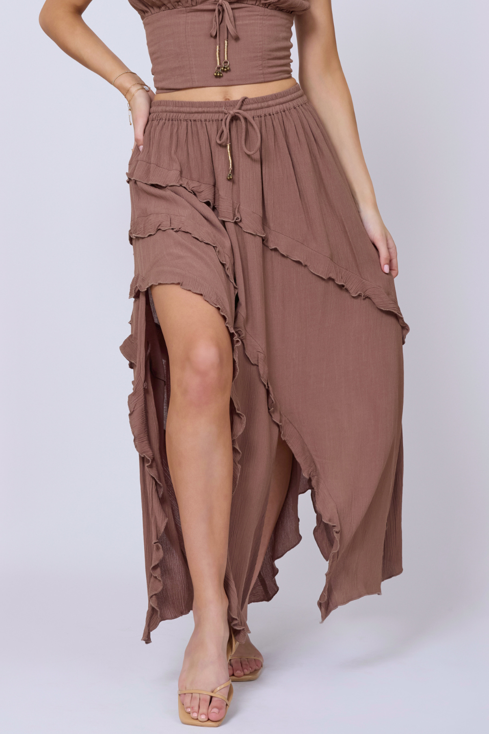 Vintage Havana | Washed Mocha Rayon Crinkle Ruffle Maxi Skirt