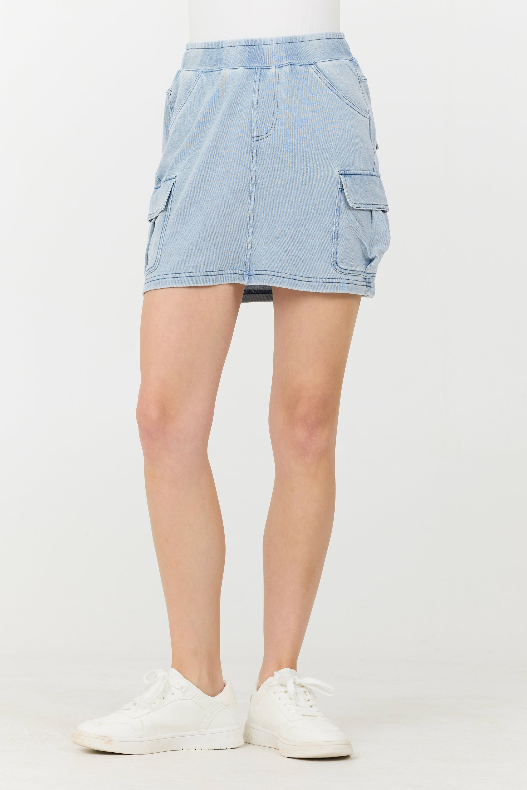 Vintage Havana | Washed Denim Terry Fleece Cargo Skirt