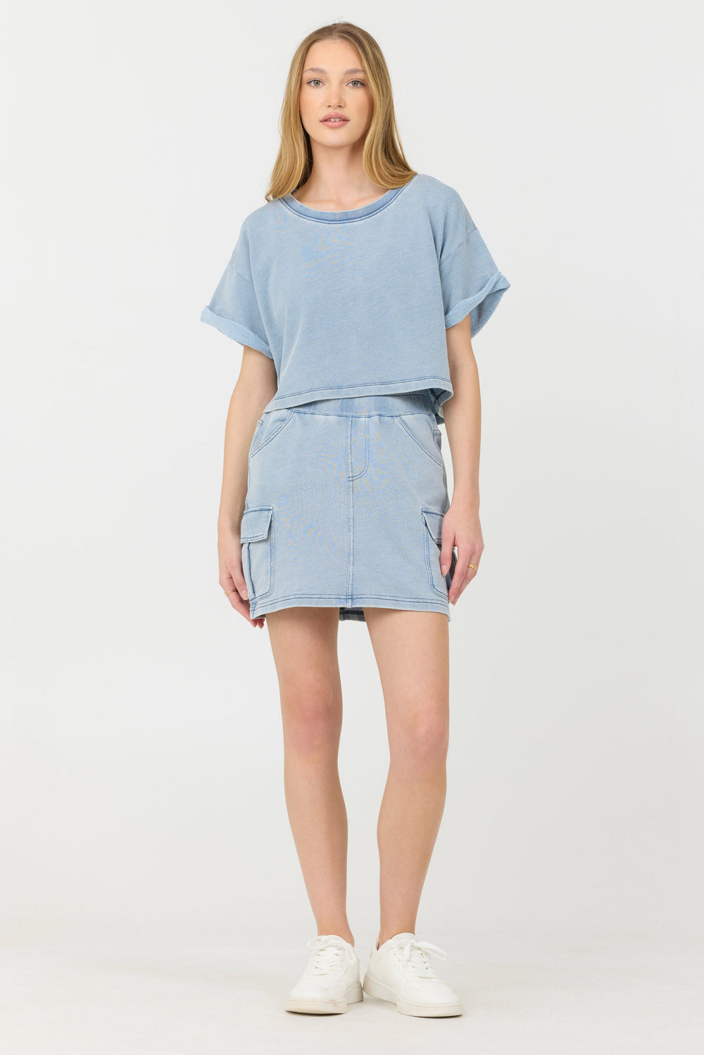 Vintage Havana | Washed Denim Terry Fleece Cargo Skirt