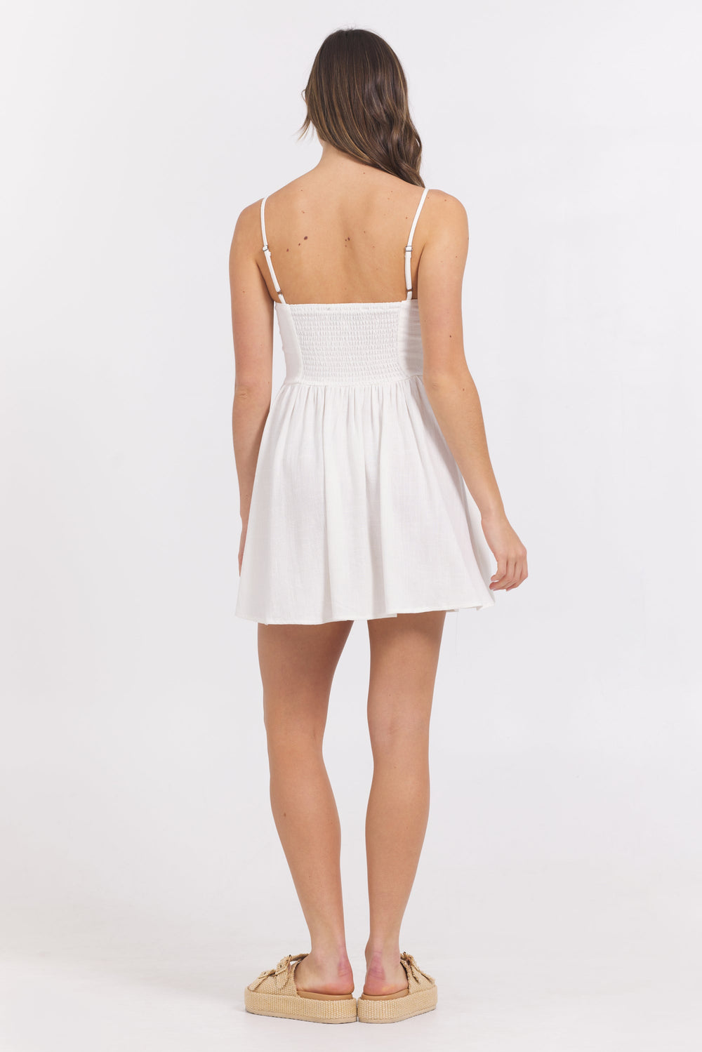 Vintage Havana | White Mini Dress w/ Tan Whip Stitch