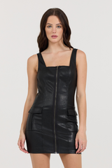 Vintage Havana | Black Leather Zip Front Dress
