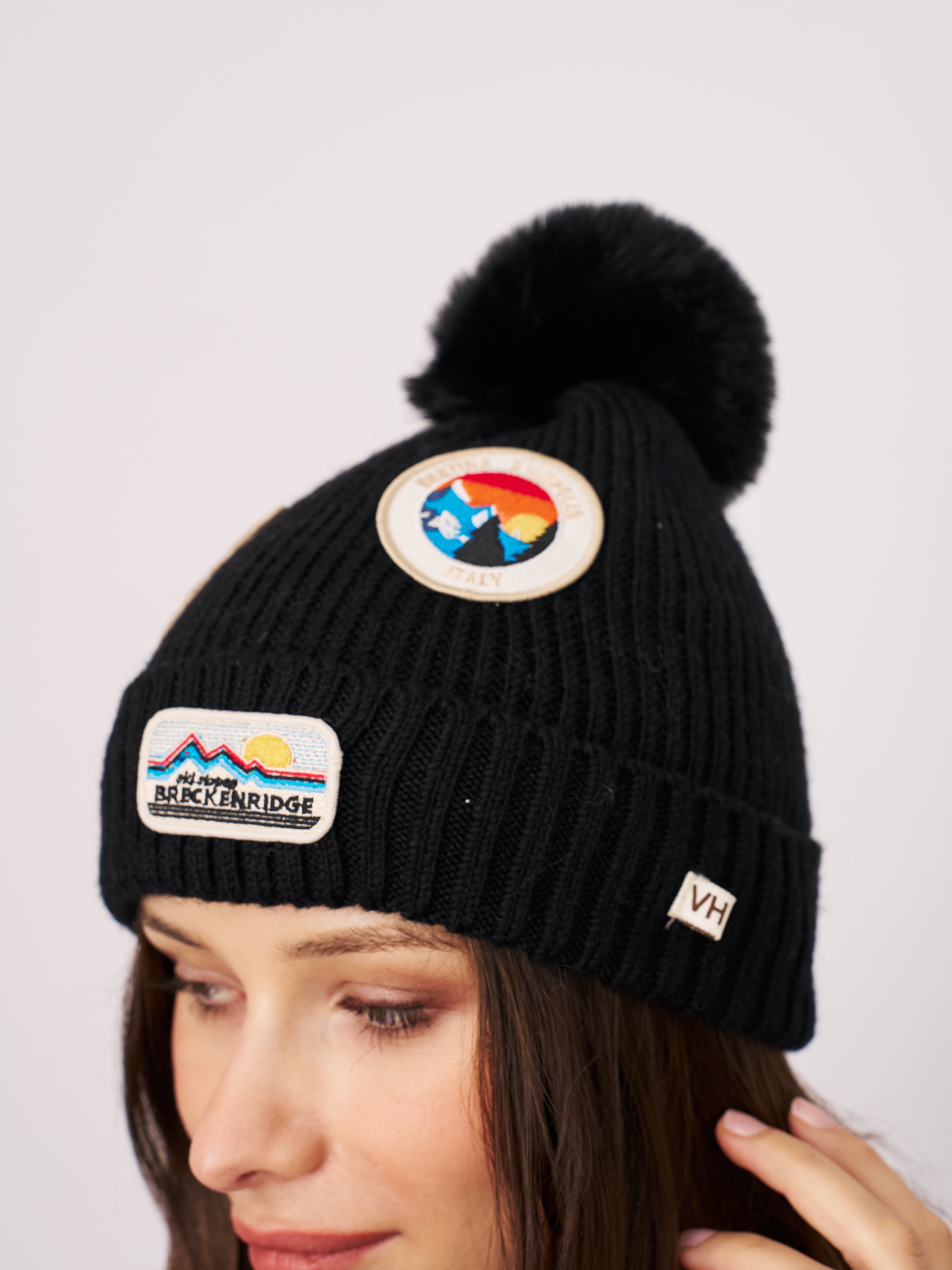 Vintage Havana | RIBBED POMPOM BEANIE WITH SWISS ALP PATCH - BLACK