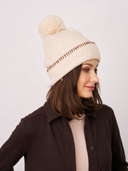 Vintage Havana | RIBBED POMPOM BEANIE - IVORY/TAN