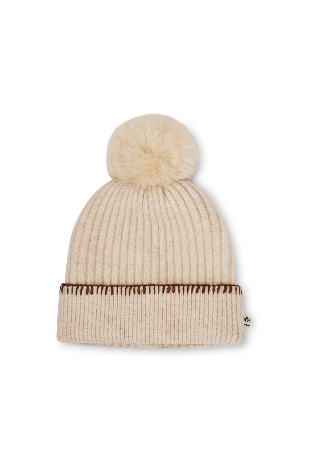 Vintage Havana | RIBBED POMPOM BEANIE - IVORY/TAN
