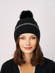 Vintage Havana | RIBBED POMPOM BEANIE - BLACK/IVORY
