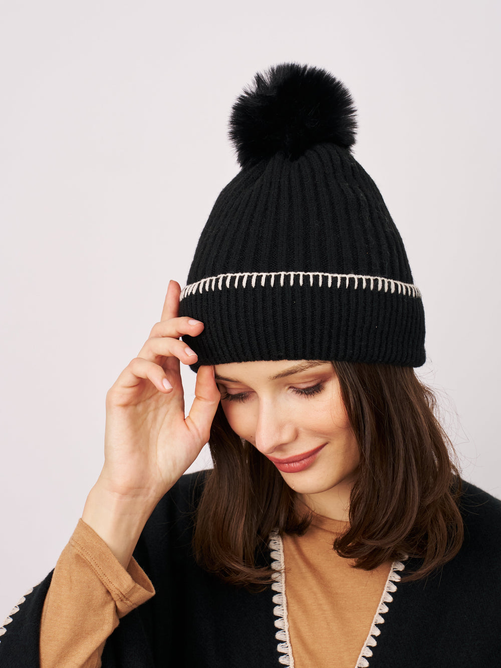 Vintage Havana | RIBBED POMPOM BEANIE - BLACK/IVORY