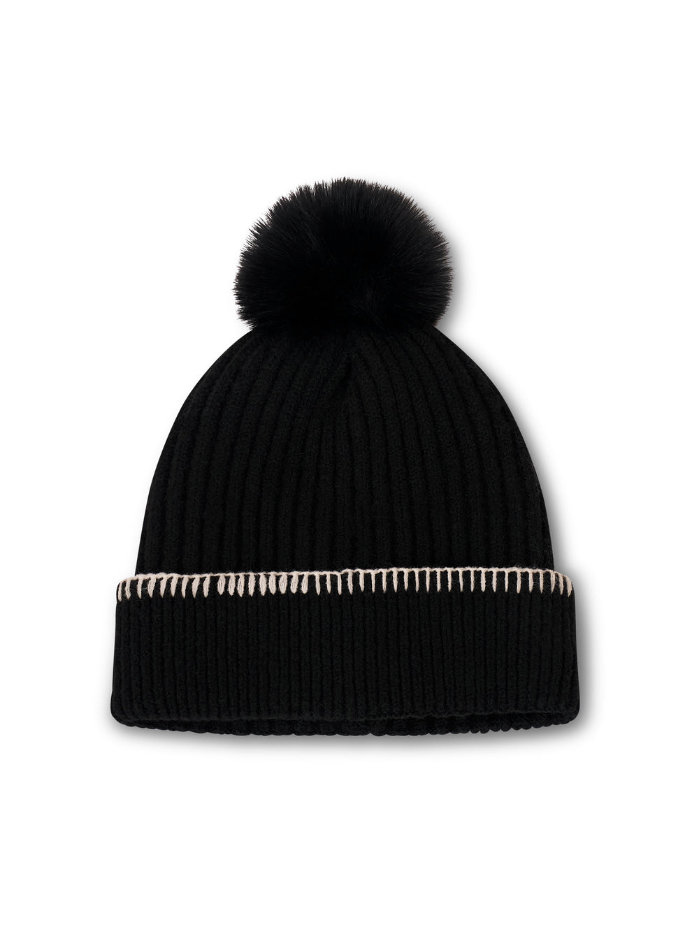 Vintage Havana | RIBBED POMPOM BEANIE - BLACK/IVORY