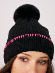 Vintage Havana | RIBBED POMPOM BEANIE - BLACK/PINK