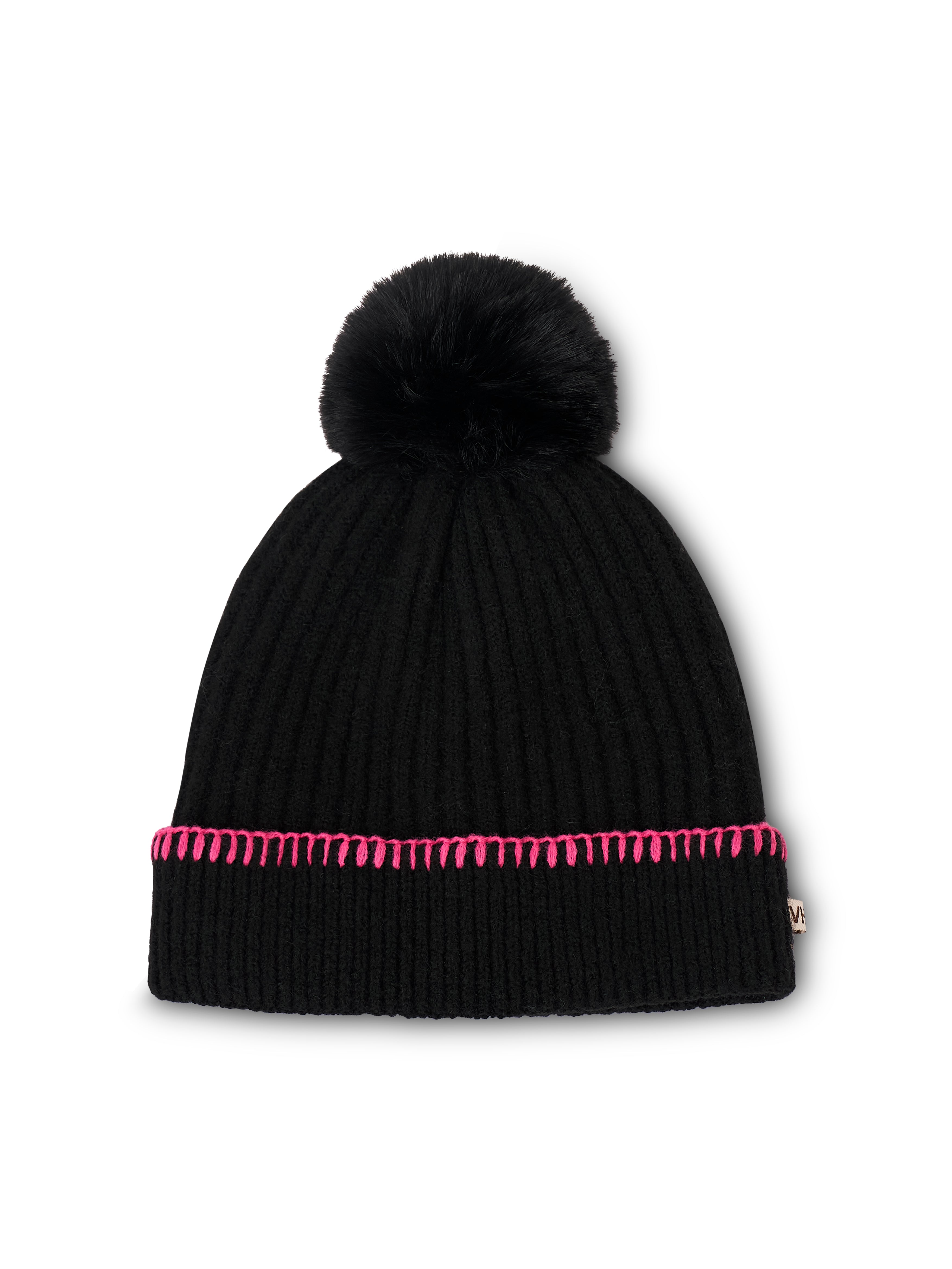 Vintage Havana | RIBBED POMPOM BEANIE - BLACK/PINK