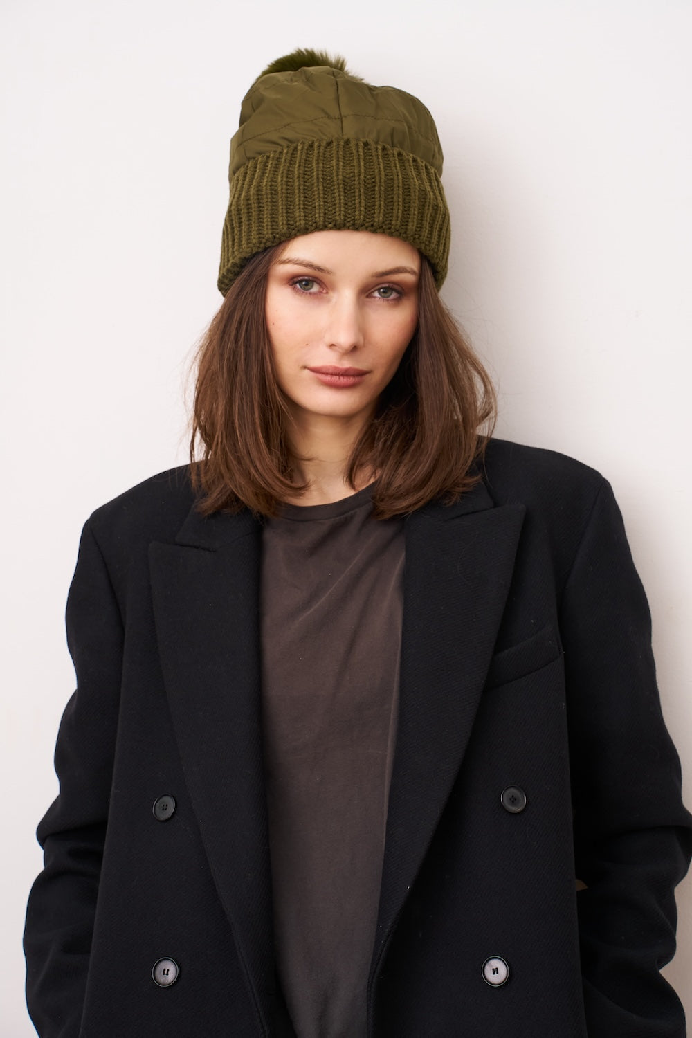 Vintage Havana | PUFFER POMPOM HAT - OLIVE