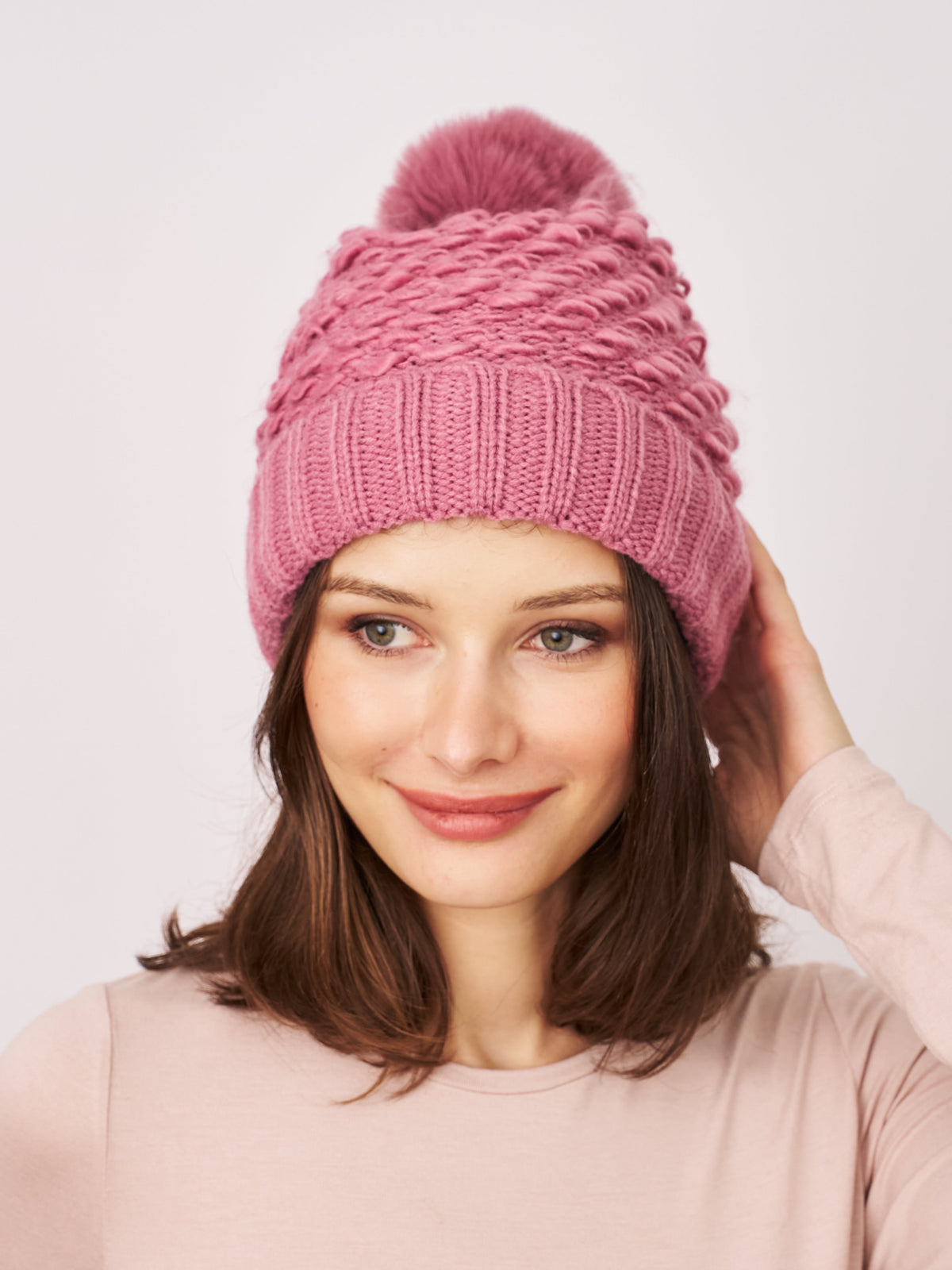 Vintage Havana | TURN UP POMPOM HAT - BLUSH