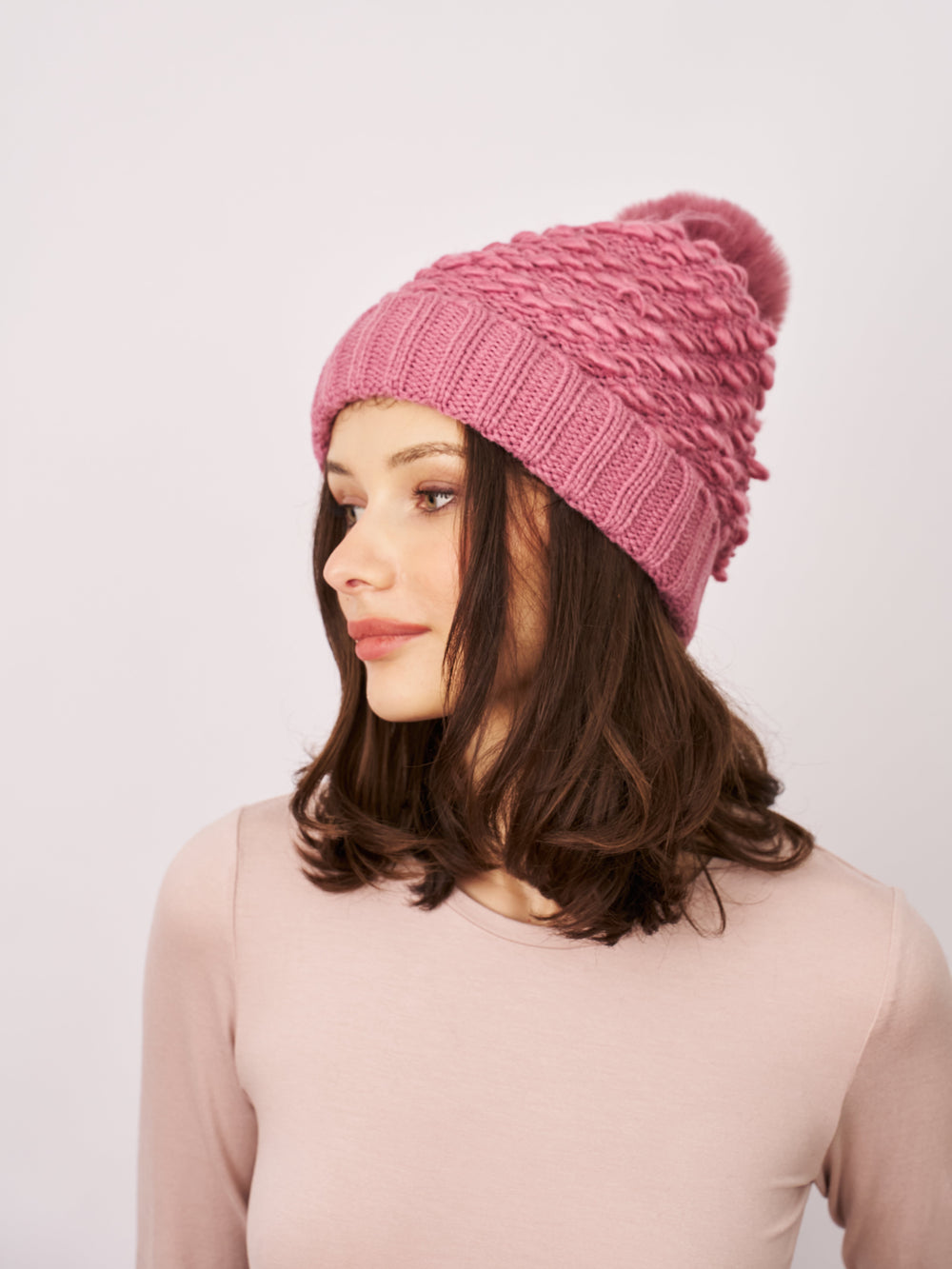 Vintage Havana | TURN UP POMPOM HAT - BLUSH