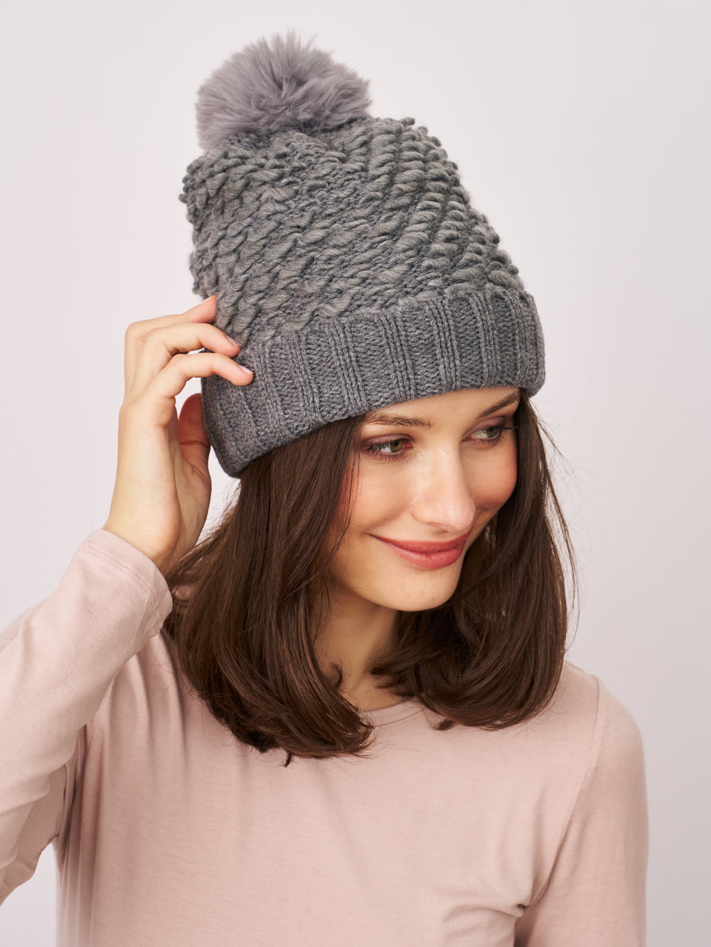 Vintage Havana | TURN UP POMPOM HAT - GREY