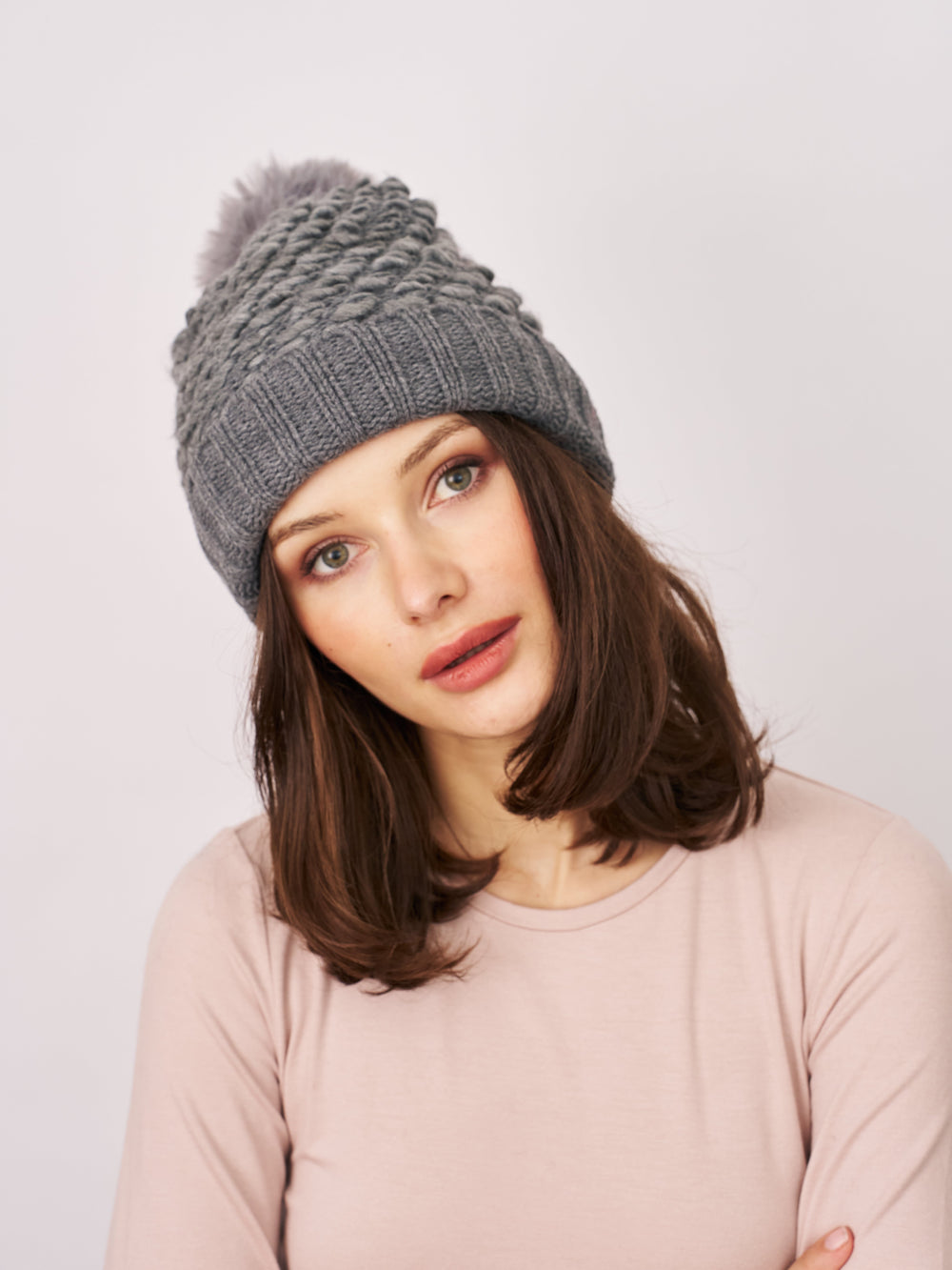 Vintage Havana | TURN UP POMPOM HAT - GREY