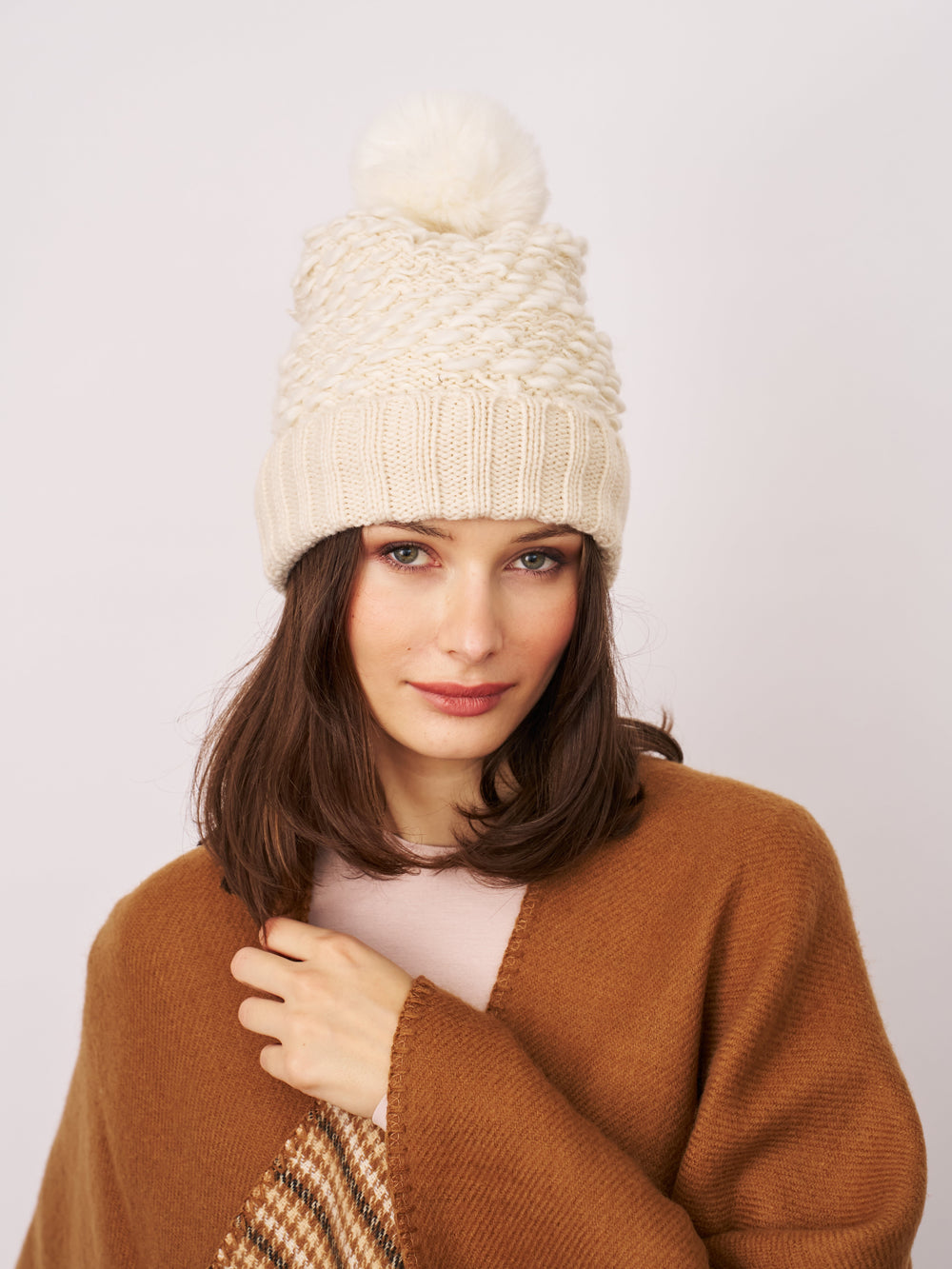Vintage Havana | TURN UP POMPOM HAT - CREAM