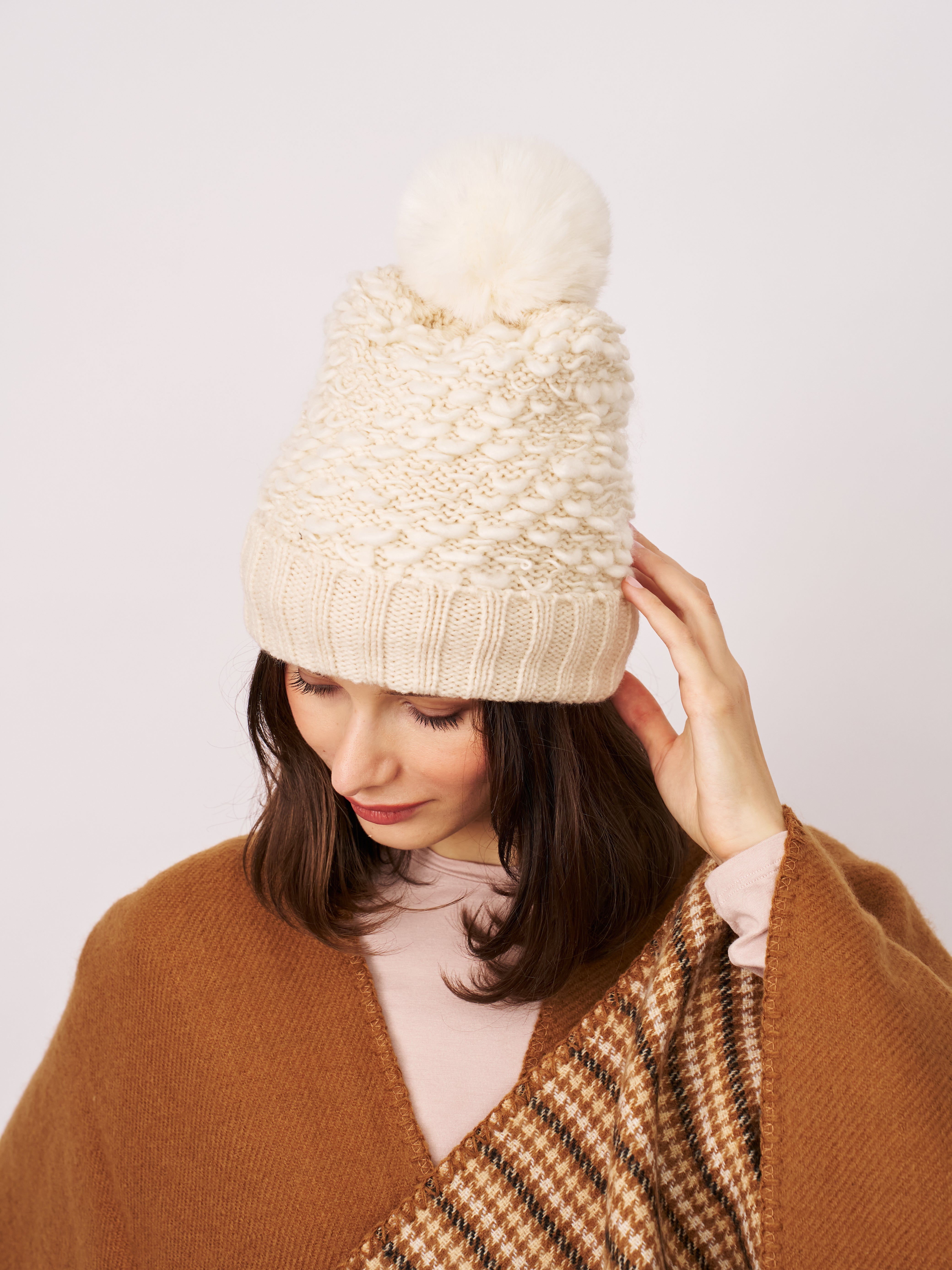 Vintage Havana | TURN UP POMPOM HAT - CREAM