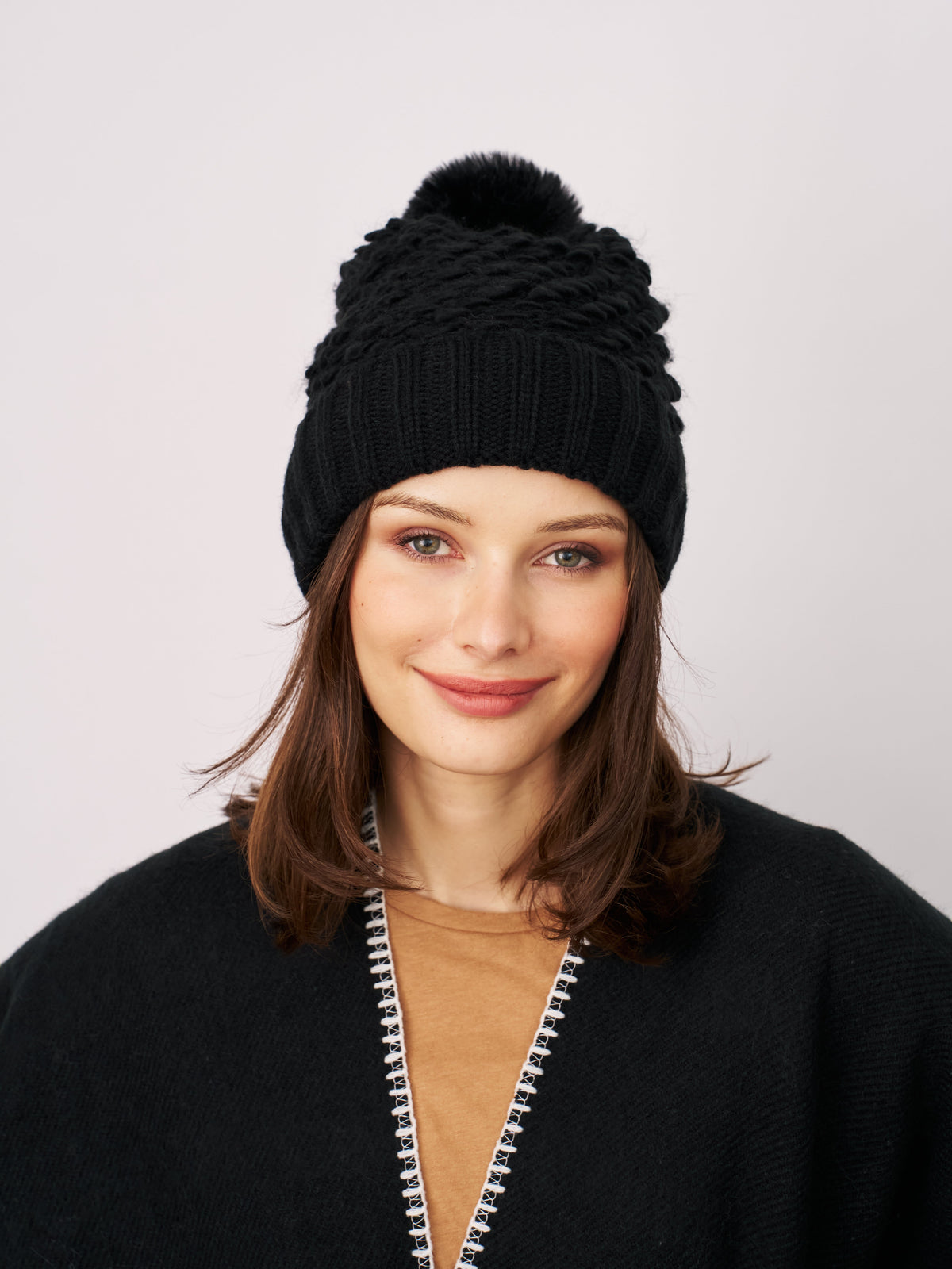 Vintage Havana | TURN UP POMPOM HAT - BLACK