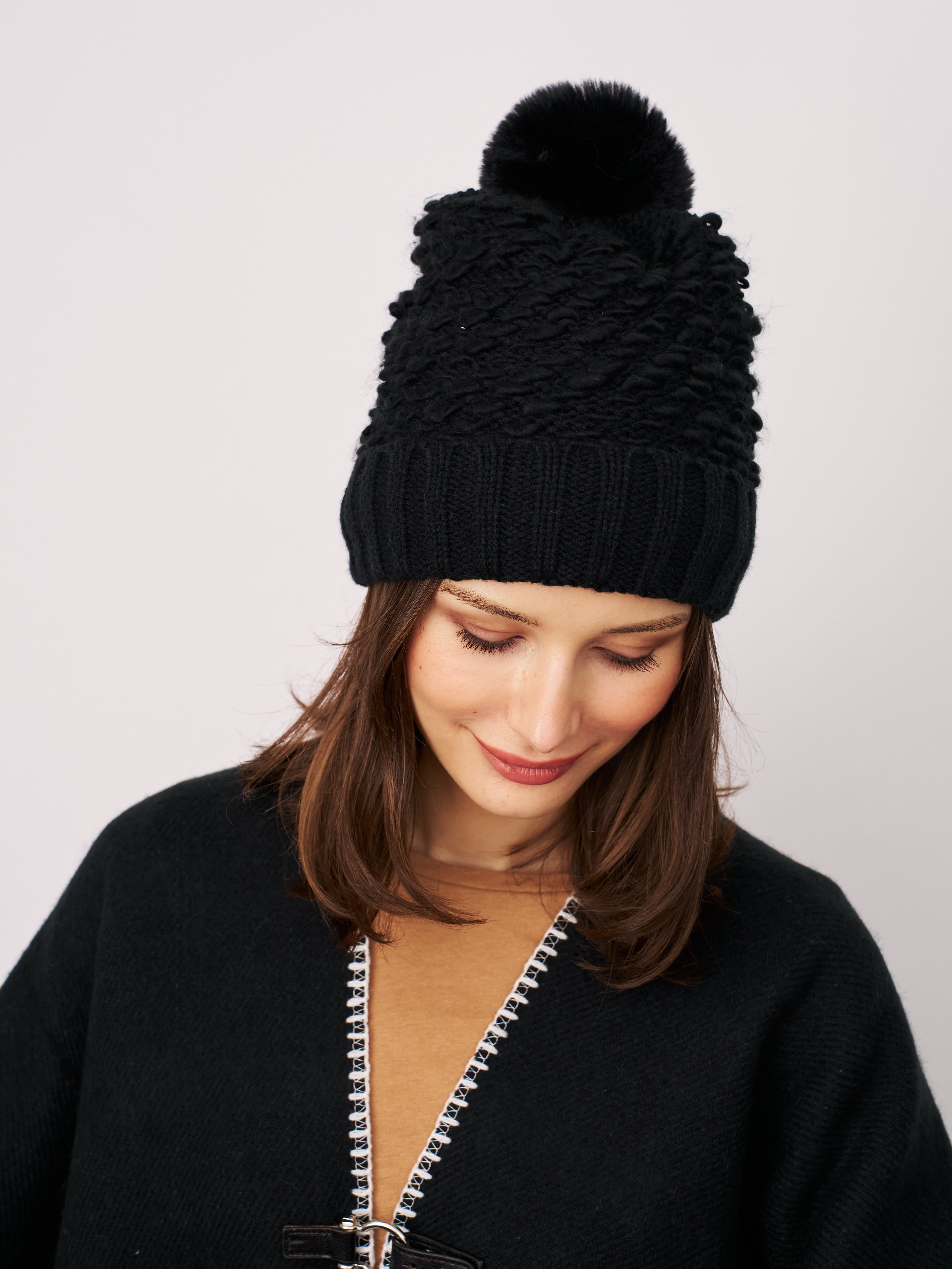 Vintage Havana | TURN UP POMPOM HAT - BLACK