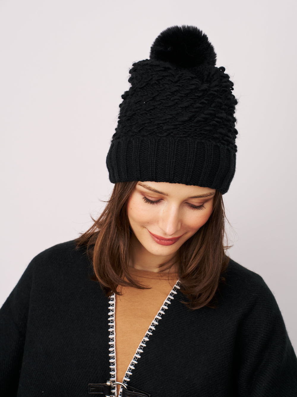 Vintage Havana | TURN UP POMPOM HAT - BLACK