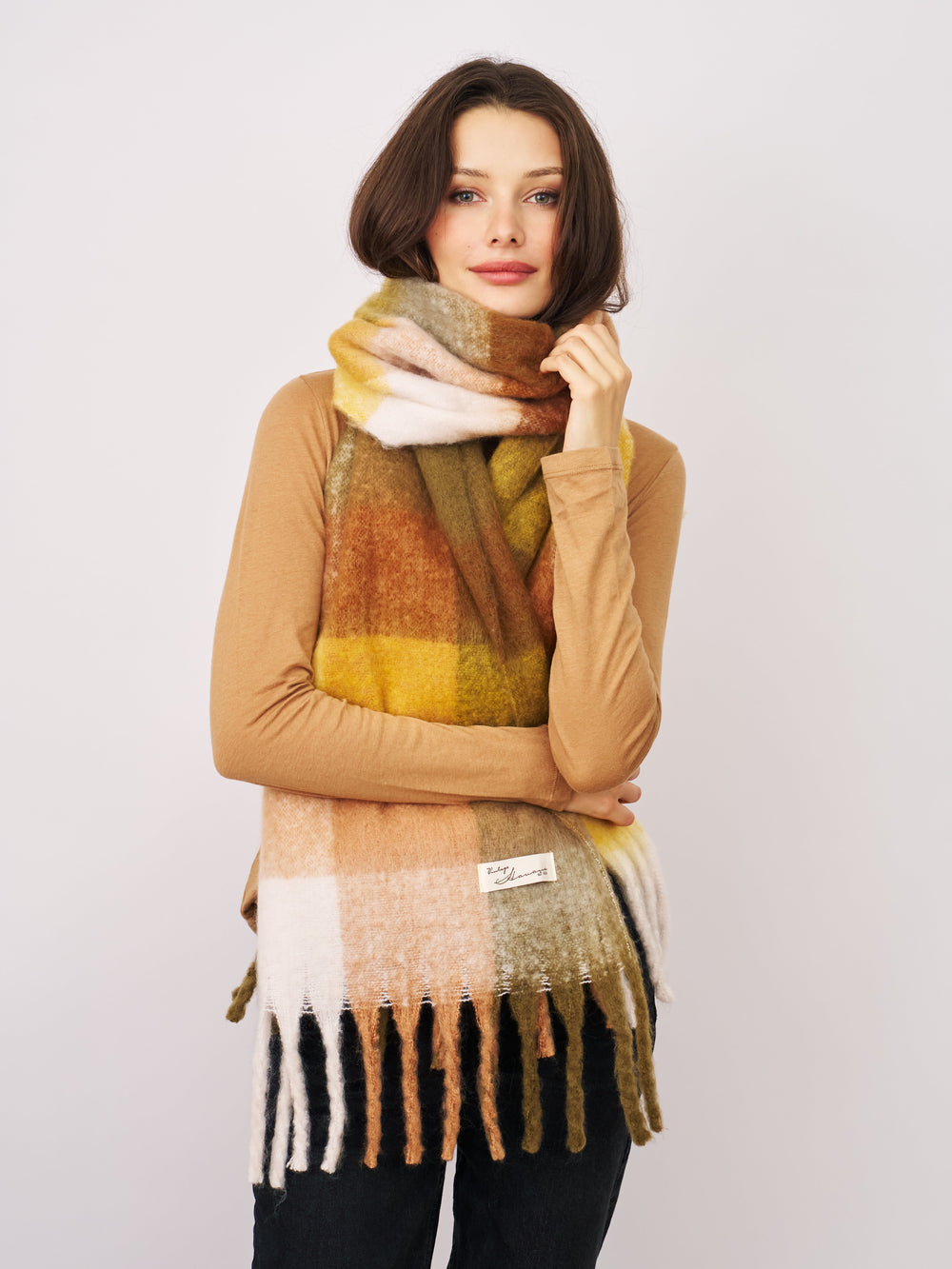 Vintage Havana | CHECK BRUSH TASSEL SCARF - YELLOW