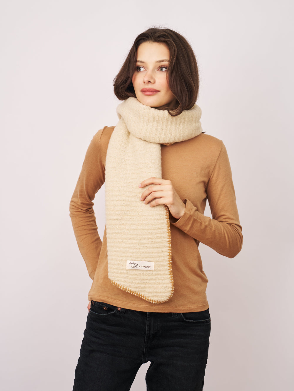 Vintage Havana | BLANKET STITCH KNIT SCARF - IVORY/WHEAT