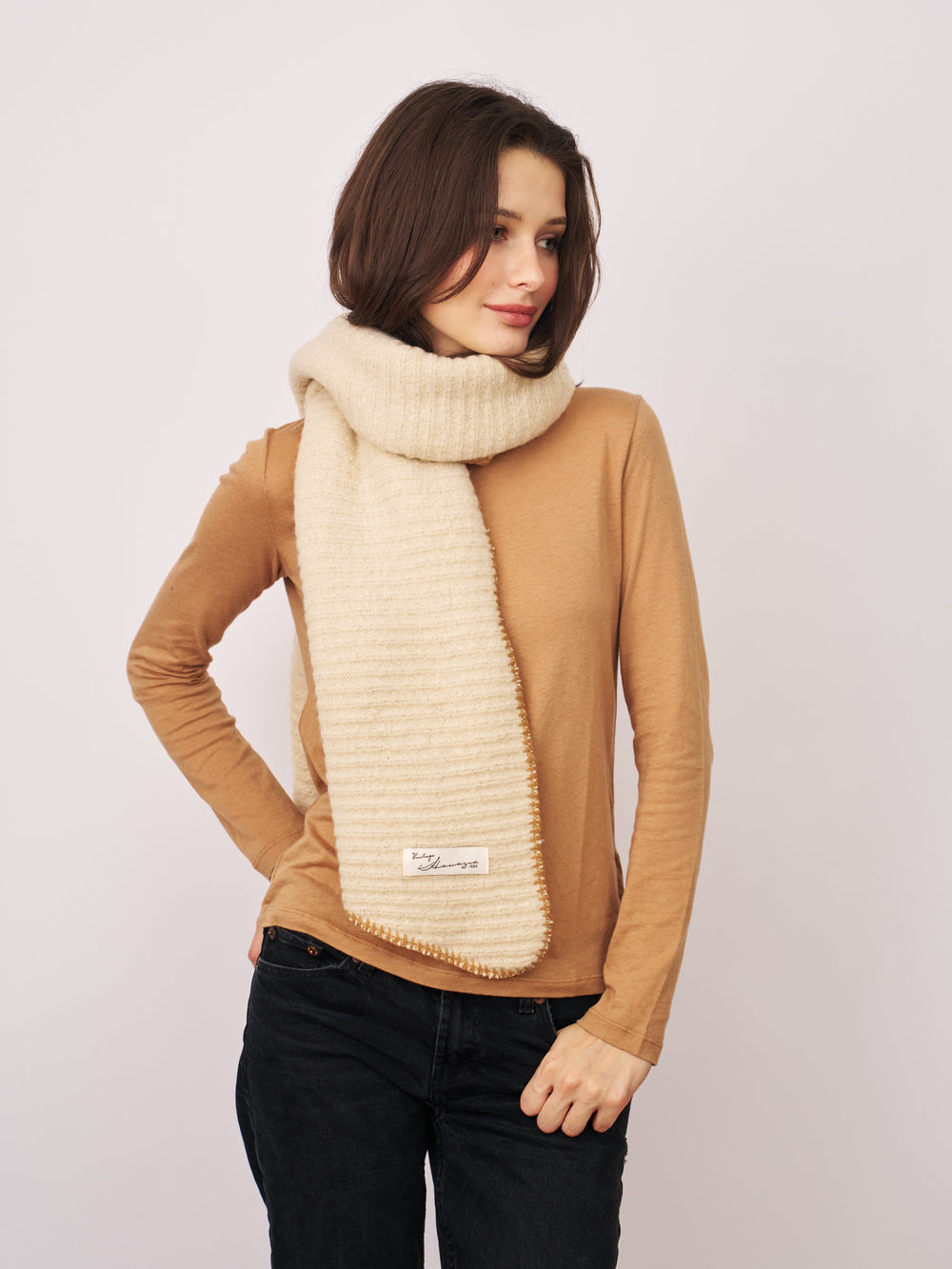Vintage Havana | BLANKET STITCH KNIT SCARF - IVORY/WHEAT