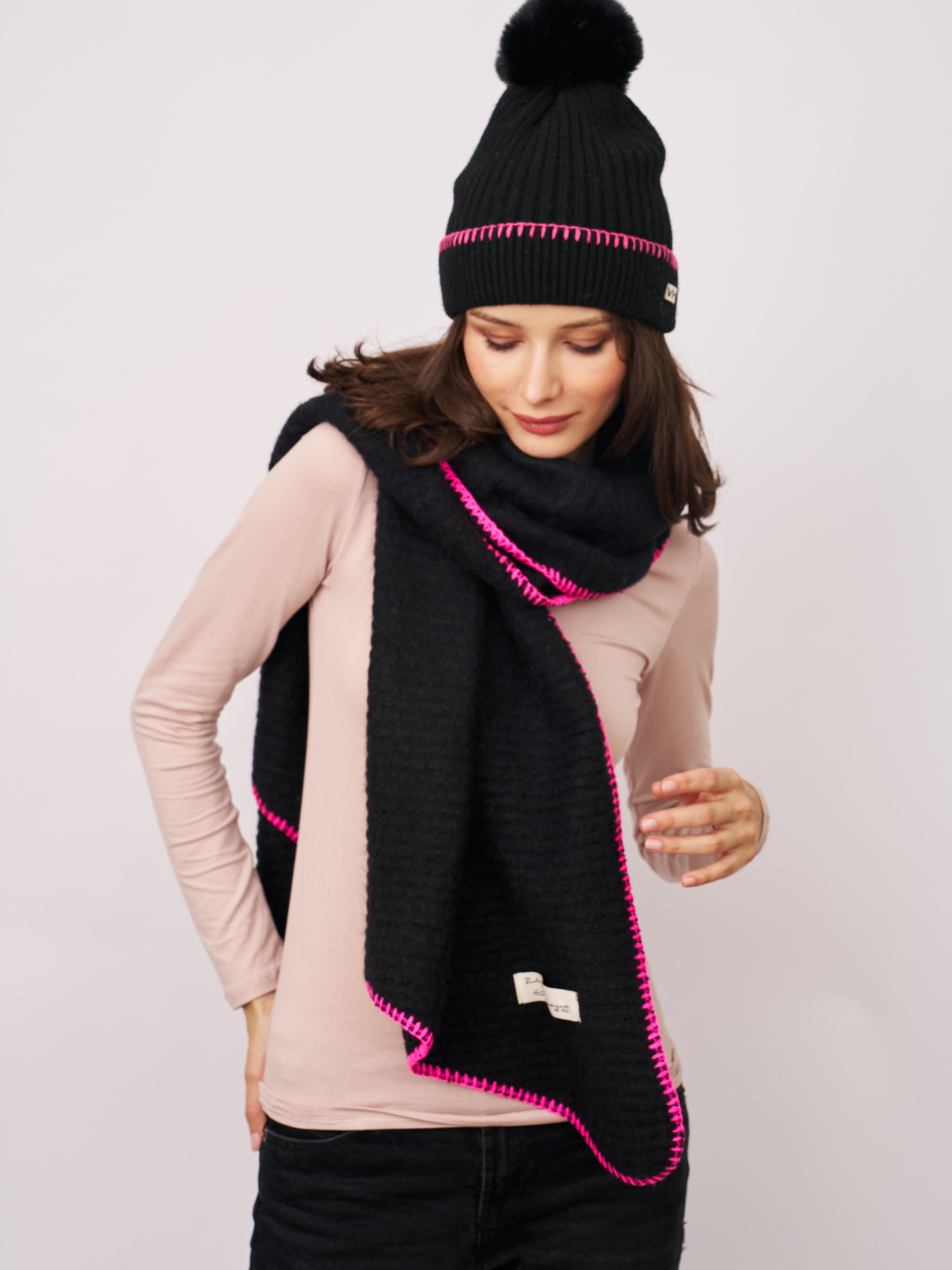 Vintage Havana | BLANKET STITCH KNIT SCARF - BLACK/B PINK
