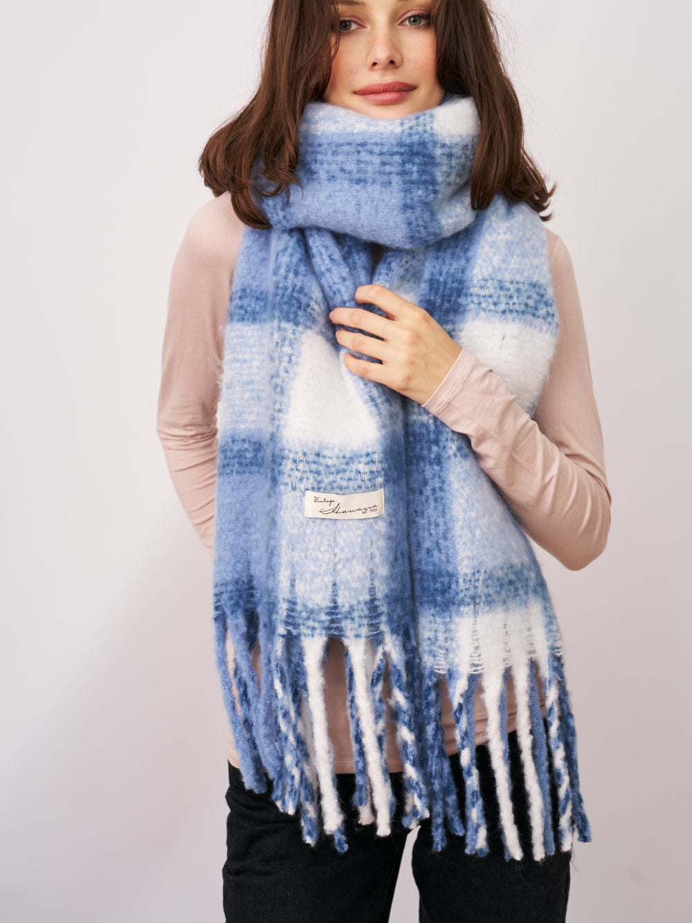 Vintage Havana | CHECK TASSEL SCARF - BLUE