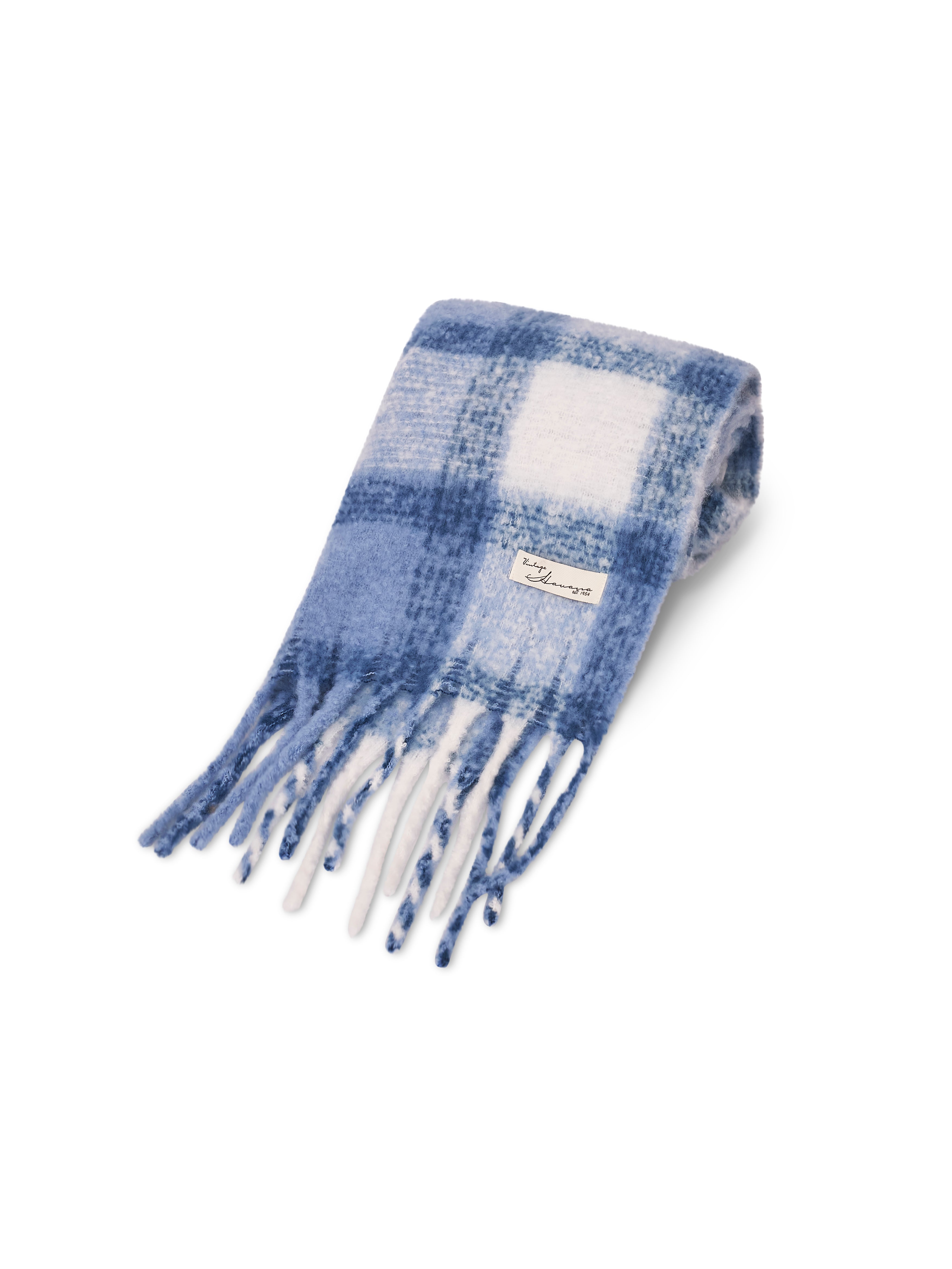 Vintage Havana | CHECK TASSEL SCARF - BLUE