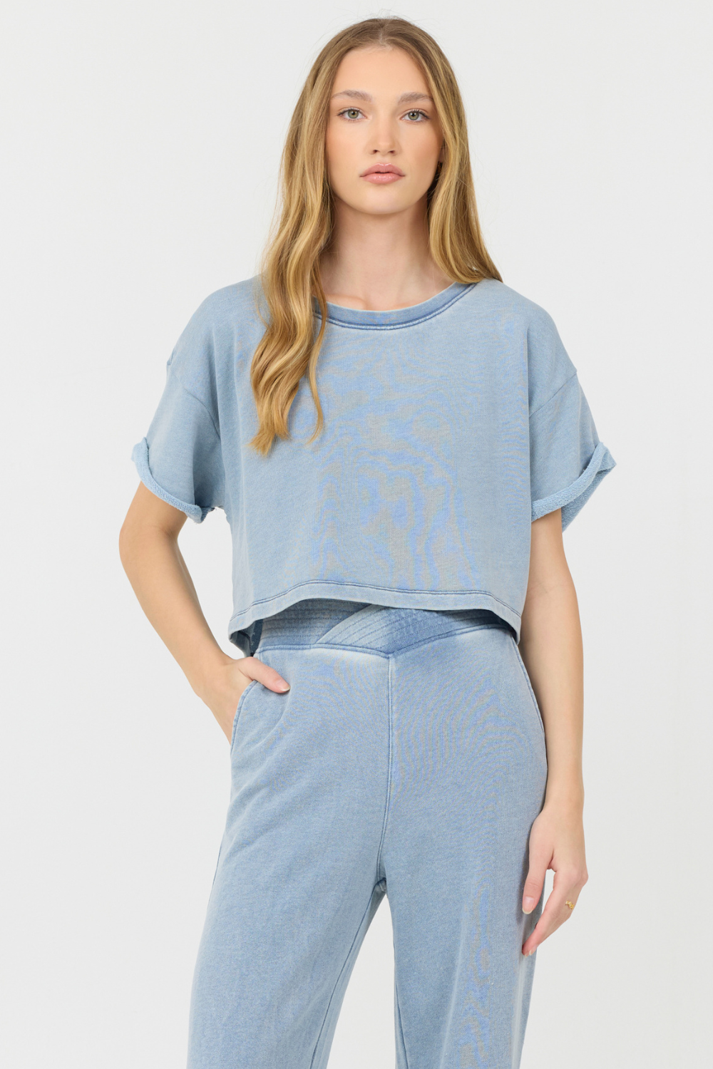 Vintage Havana | Washed Denim Terry Fleece Cropped Shirt