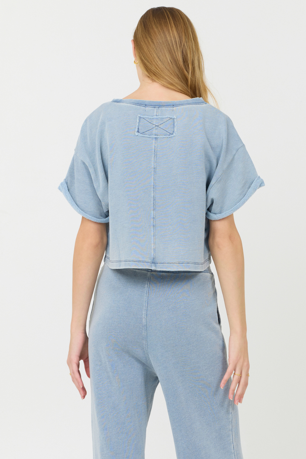 Vintage Havana | Washed Denim Terry Fleece Cropped Shirt