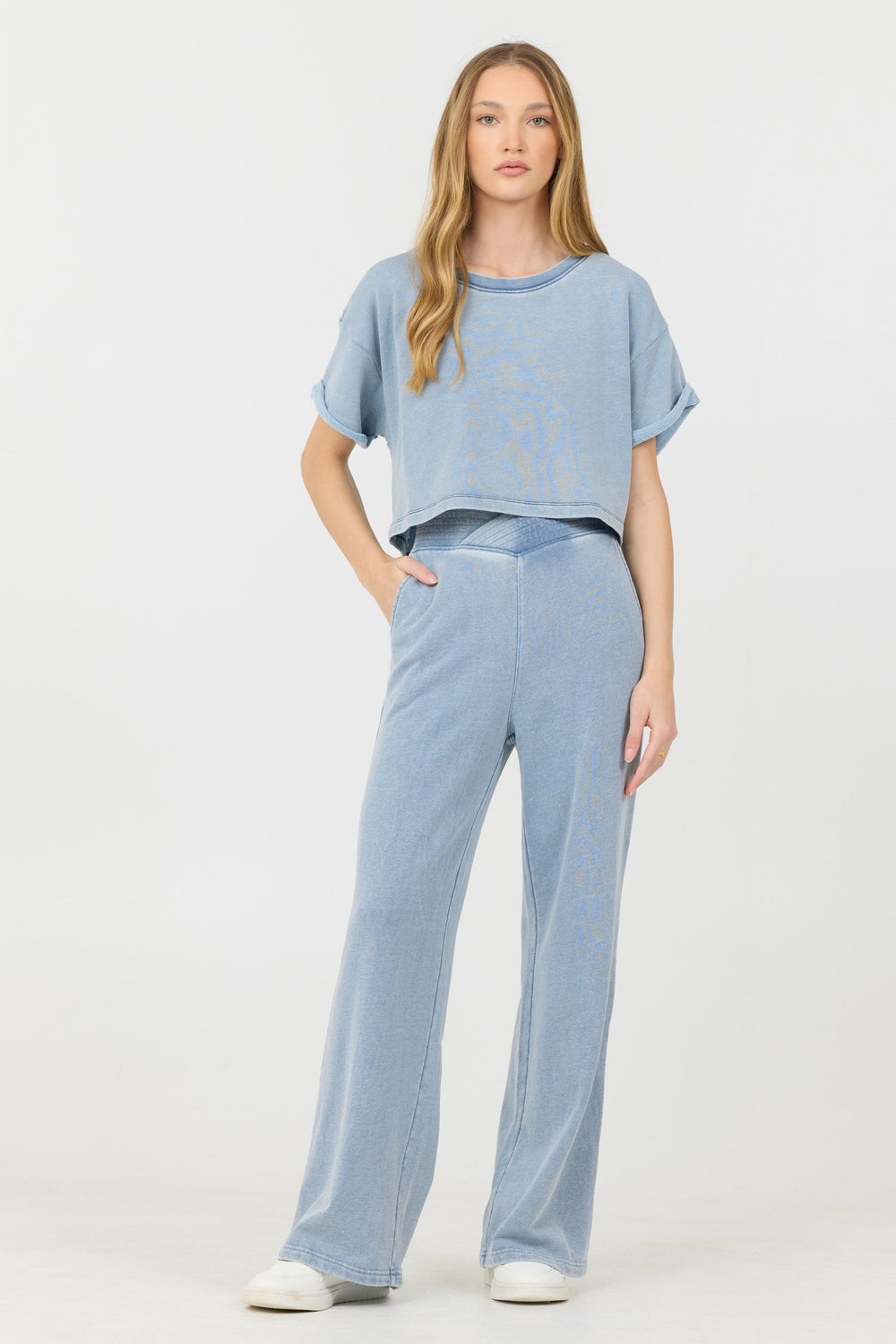 Vintage Havana | Washed Denim Terry Fleece Cropped Shirt