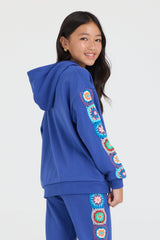 Vintage Havana | Kids Navy Cropped Full Zip Hoodie w/Crochet