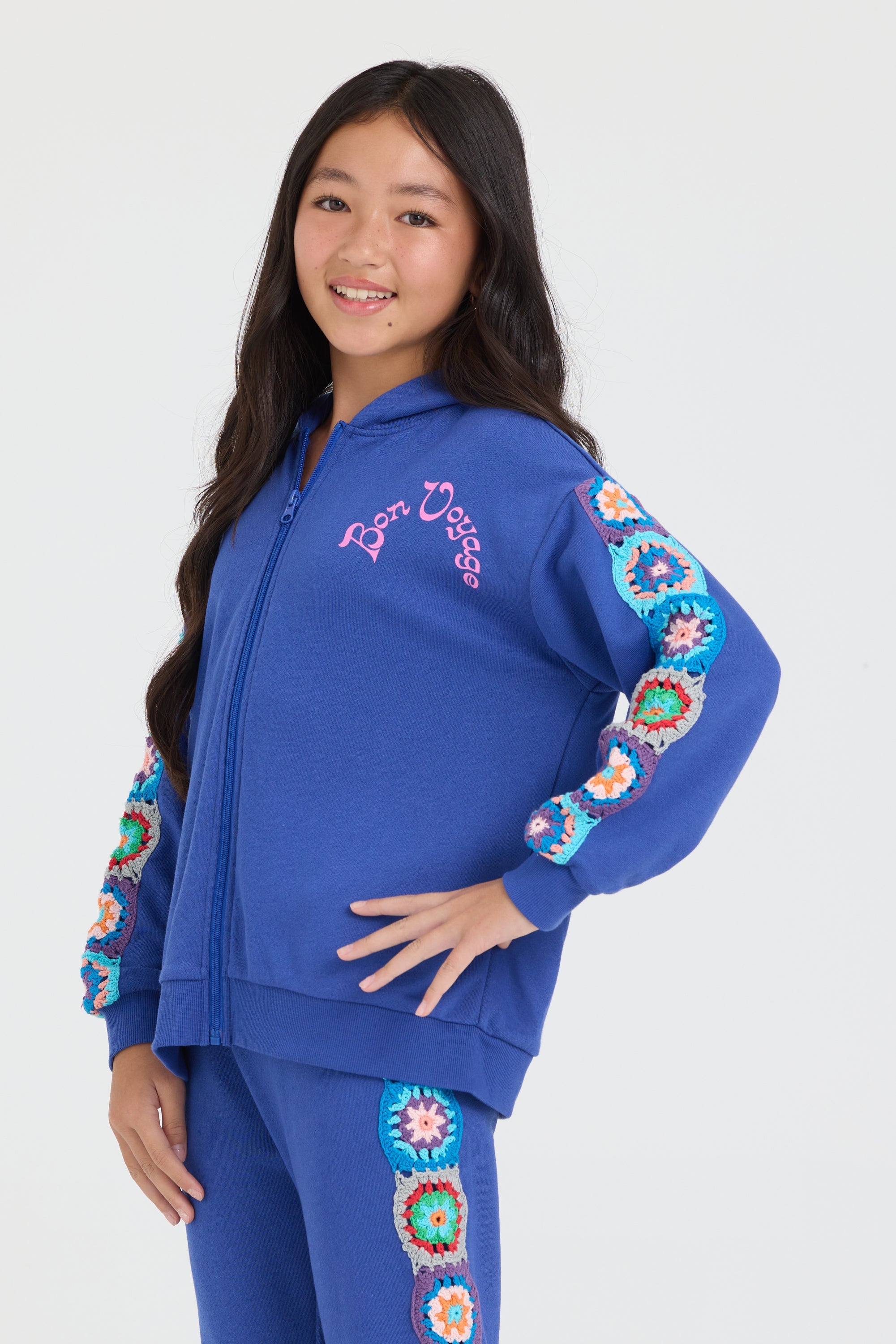 Vintage Havana | Kids Navy Cropped Full Zip Hoodie w/Crochet