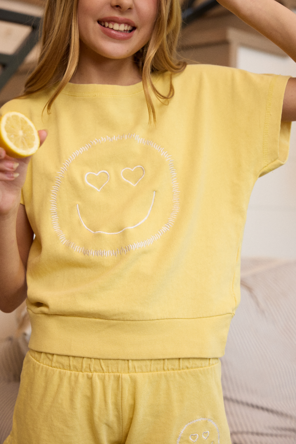 Vintage Havana | Kids Garment Dye Off Shoulder Top with Smile Embroidery