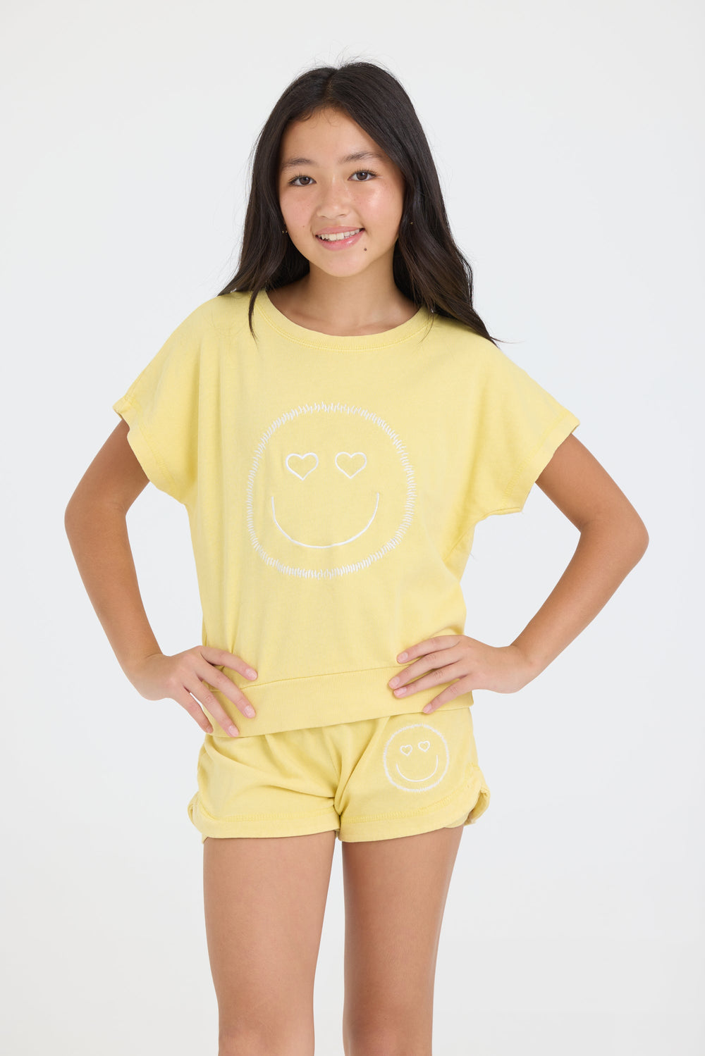 Vintage Havana | Kids Garment Dye Off Shoulder Top with Smile Embroidery