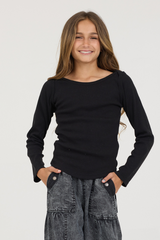 Vintage Havana | Kids Black Boatneck Ribbed Tee
