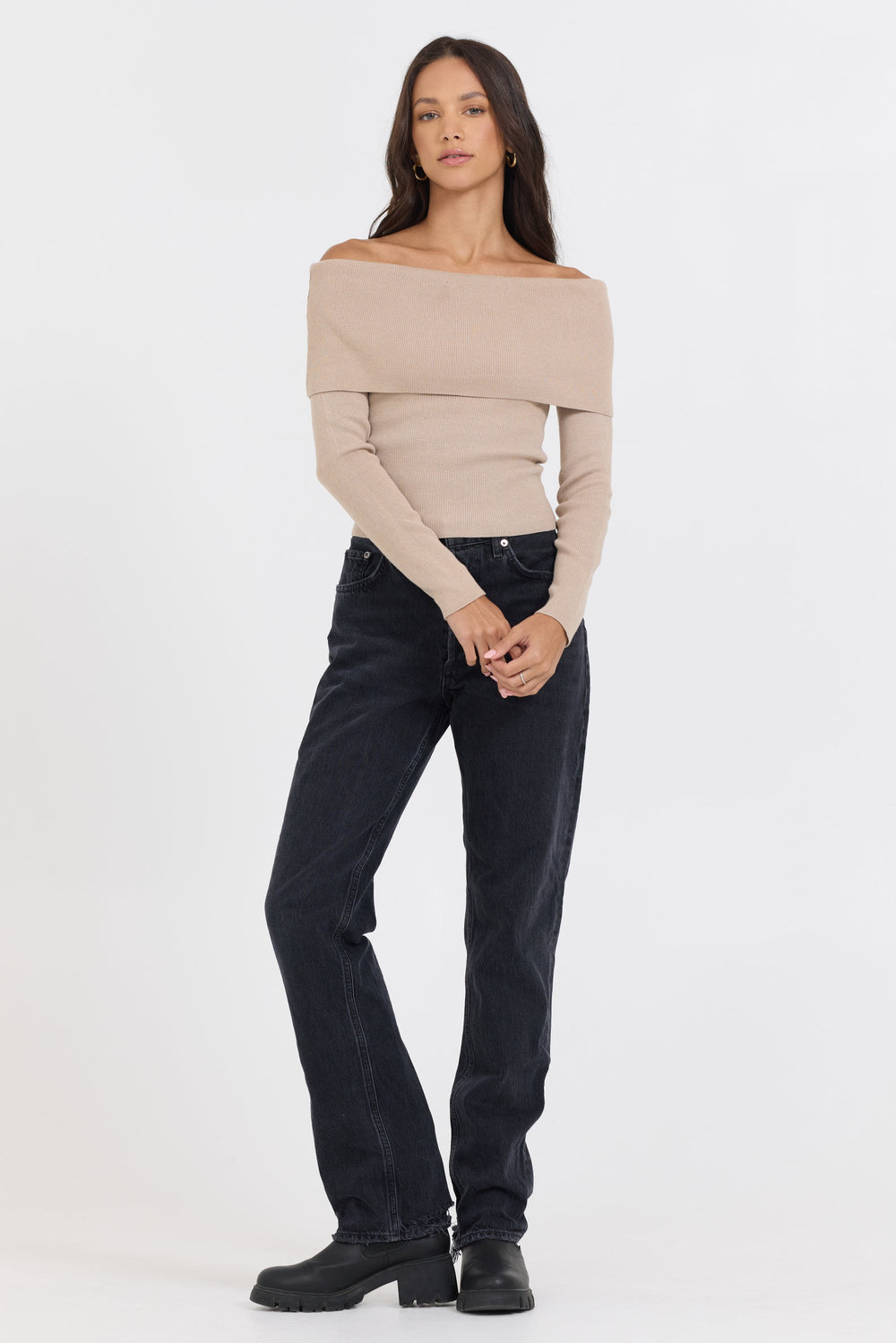 Vintage Havana | Heather Oatmeal Off Shoulder Sweater