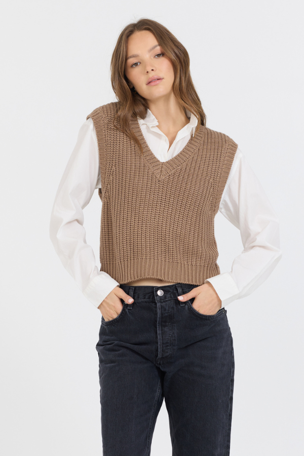 Vintage Havana | Toffee W/ White Twofer Cropped Sweater Vest