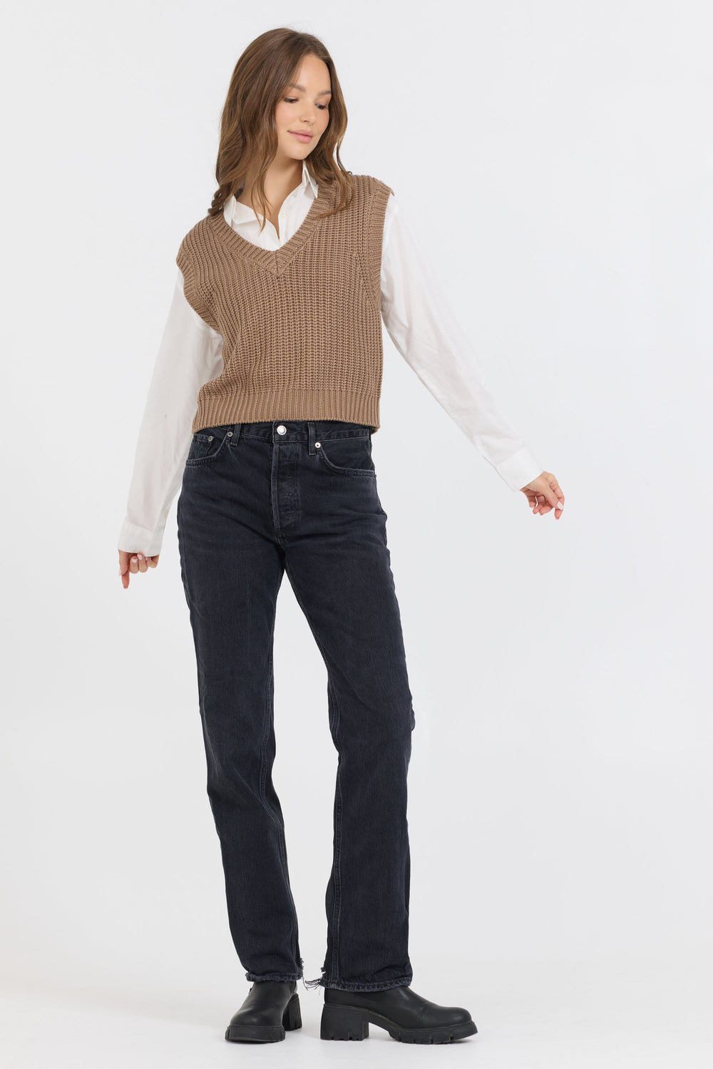 Vintage Havana | Toffee W/ White Twofer Cropped Sweater Vest