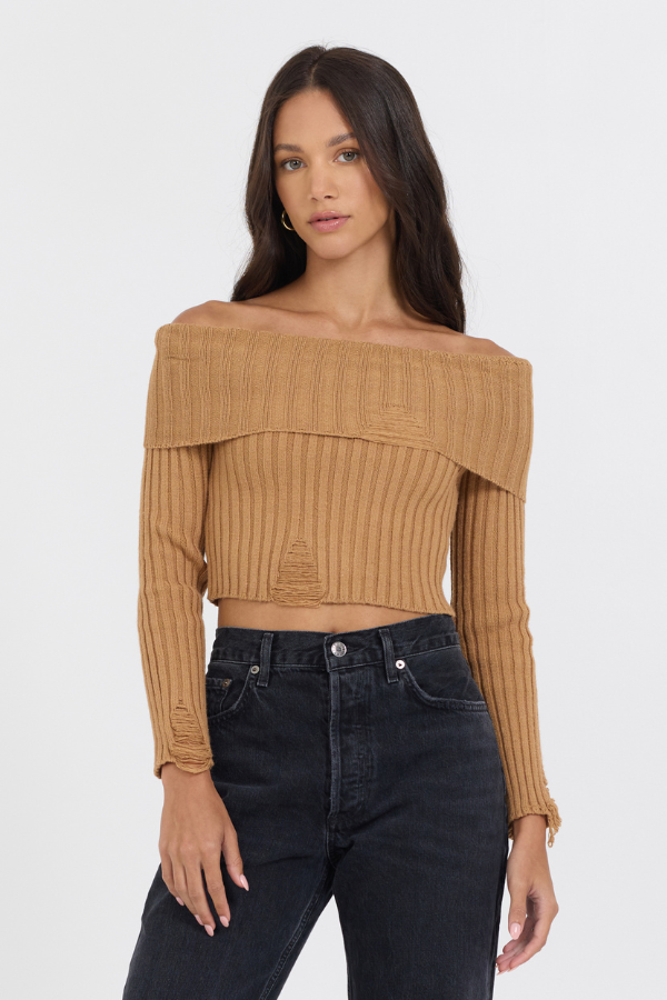 Vintage Havana | Caramel Distressed Off Shoulder Sweater
