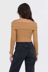 Vintage Havana | Caramel Distressed Off Shoulder Sweater