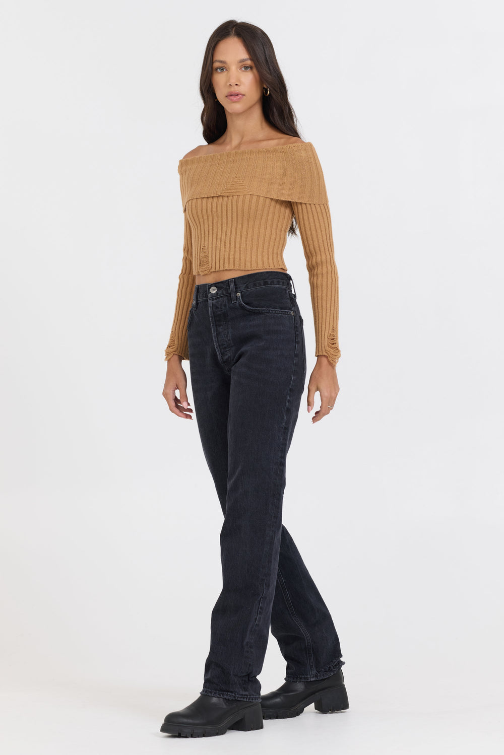 Vintage Havana | Caramel Distressed Off Shoulder Sweater