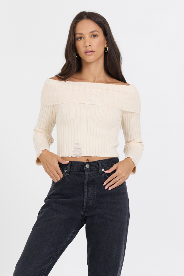 Vintage Havana | Ivory Distressed Off Shoulder Sweater
