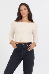 Vintage Havana | Ivory Distressed Off Shoulder Sweater