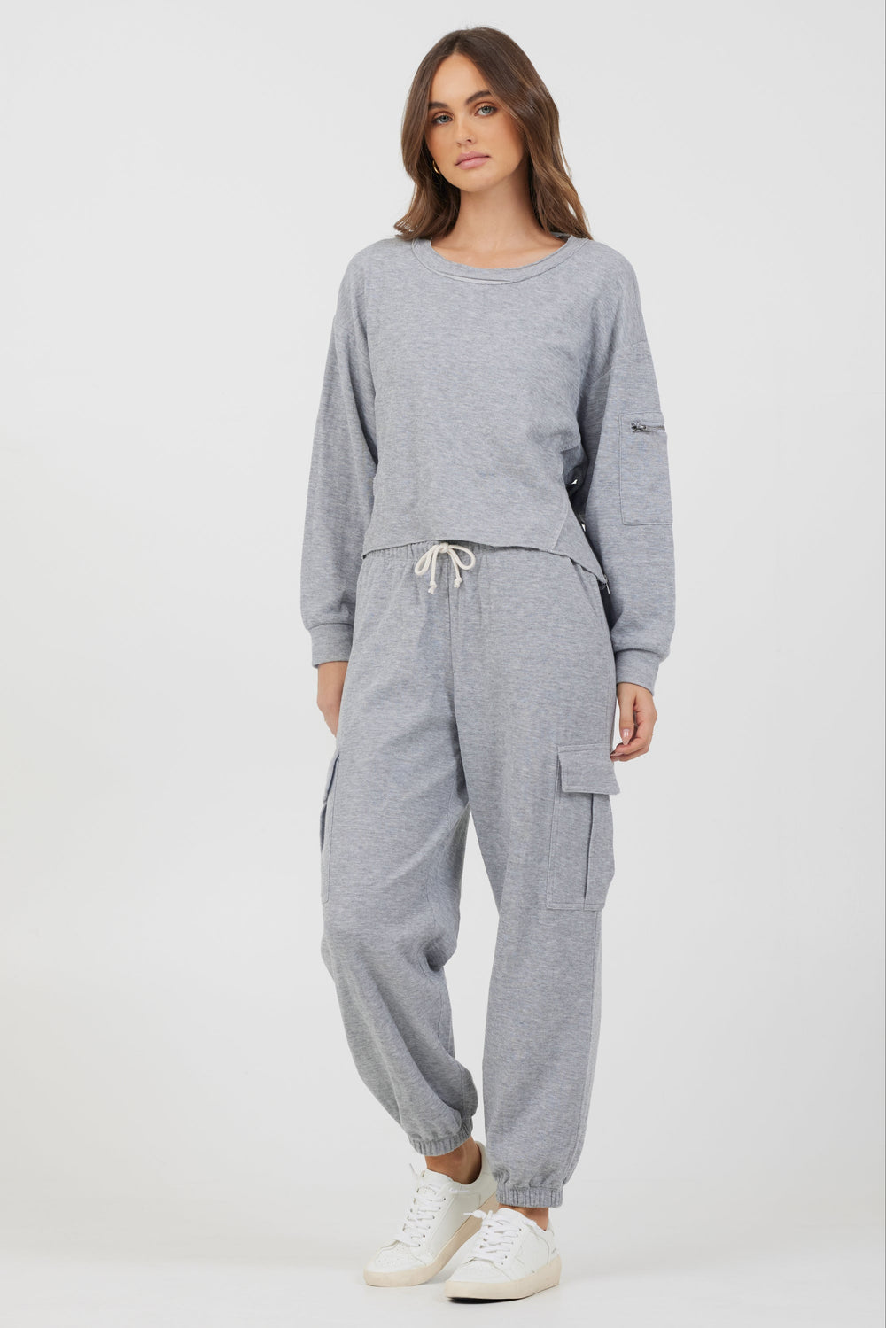 Vintage Havana | Heather Grey Bounded Textured Jersey Utility Crewneck