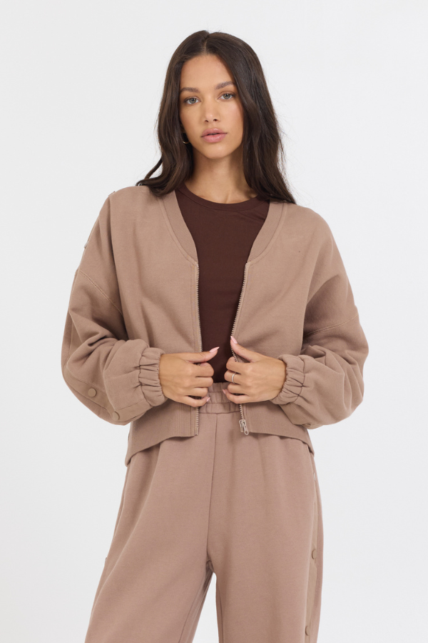 Vintage Havana | Caramel Latte Brushed Fleece Zip Up W/ Snap Sleeves