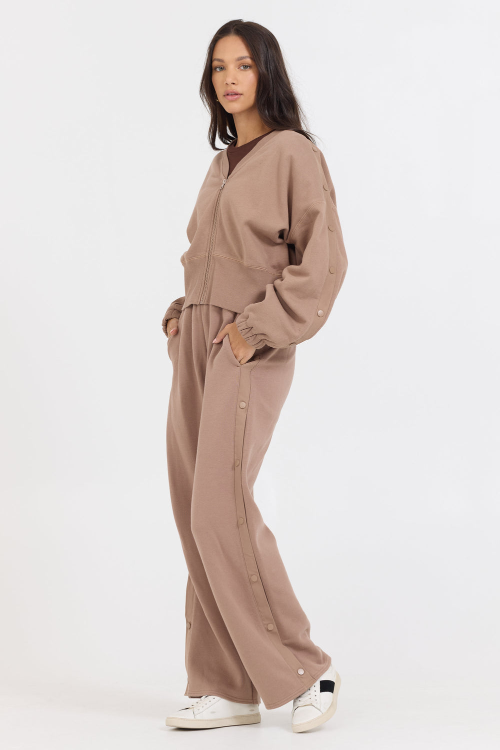 Vintage Havana | Caramel Latte Brushed Fleece Zip Up W/ Snap Sleeves