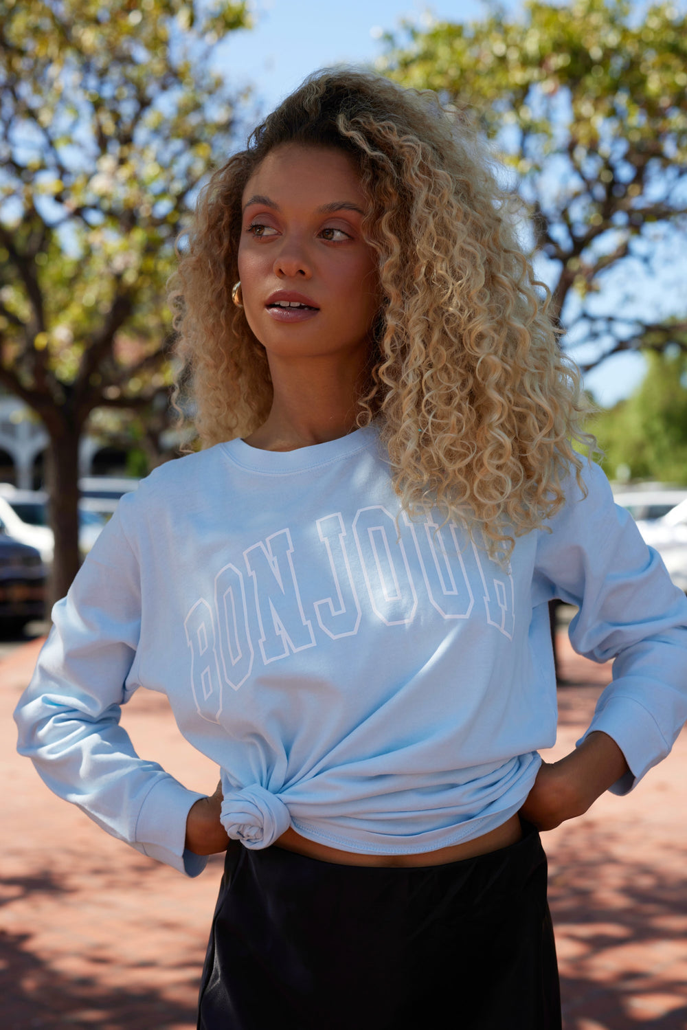 Vintage Havana | Sky Blue "Bonjour" Pigment Dyed Long Sleeve Tee