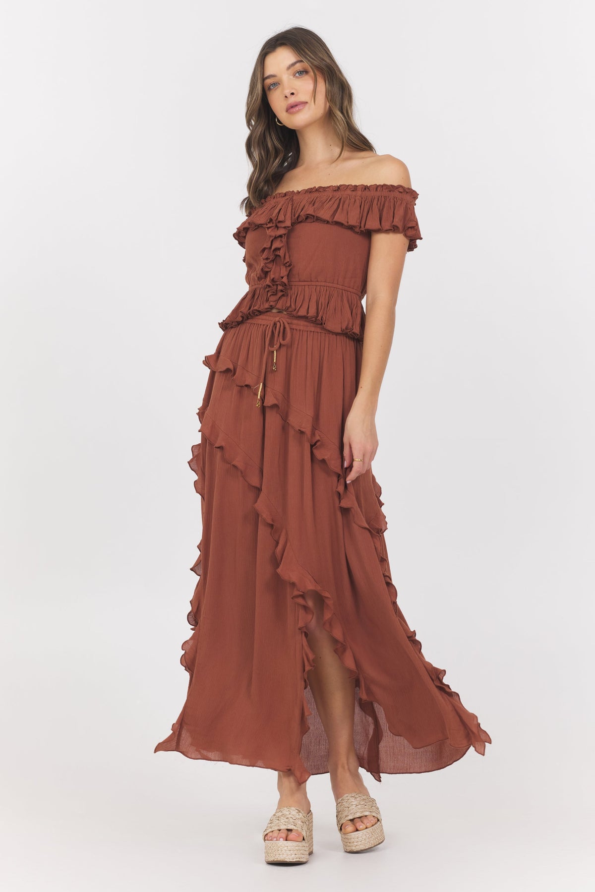 Vintage Havana | Sedona Sand Ruffle Off Shoulder Top